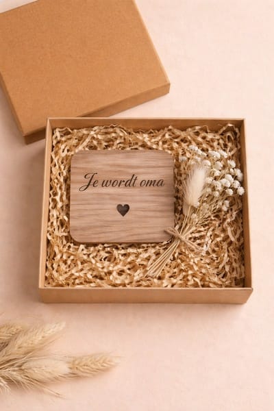 Cadeaudoosje zwangerschapsaankondiging – ‘Je wordt Oma’ | Houten doosje met onderzetter gegraveerde tekst, mini bloemenboeketje