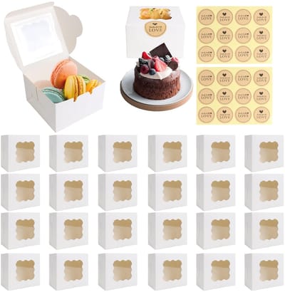 Dailygoods- Cupcake-dozen 24 stuks - Witte Dozen - Kraftpapier - Stevig Karton - Met Vensters - Inclusief Stickers - Taartdozen