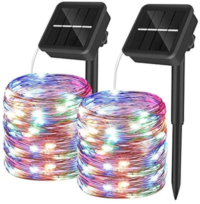 Lichtsnoer op zonne-energie voor buiten, 10 m, 100 LED's, waterdicht, multicolor, 8 modi