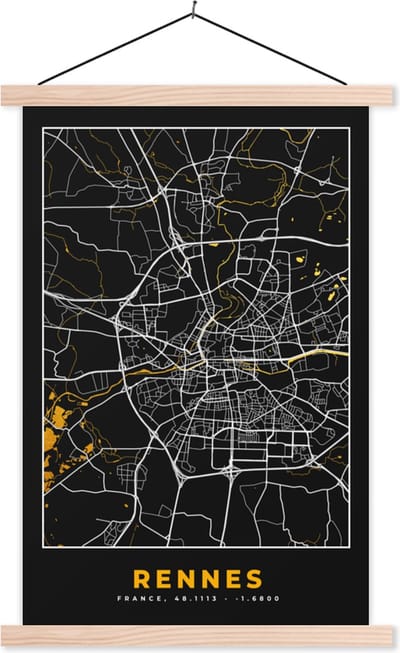 Posterhanger incl. Poster 40x60 cm - Schoolplaat - Kaart – Plattegrond – Rennes - Frankrijk – Stadskaart - Textielposter - Blanke latten - Stadskaart