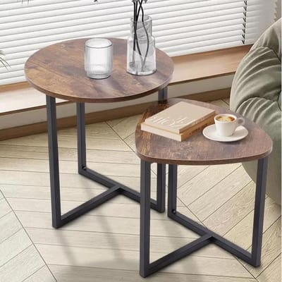 Shally Dogan Set van 2 in elkaar grijpende tafels in industriële stijl voor woonkamer met houten blad en metalen frame, salontafel, woonkamer, ruimtebesparende sluiting, stapelbaar