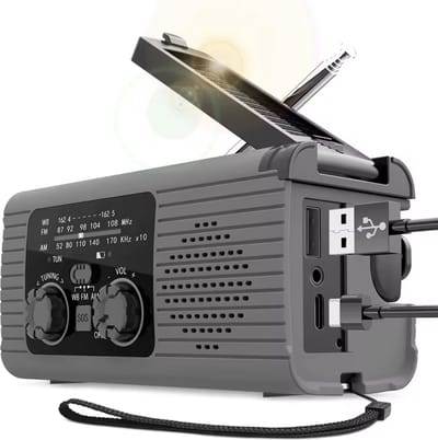 KimDo - Grijs - Noodradio - Opwindbare radio - Noodradio dynamo solar - Noodradio opwindbaar - Noodradio zaklamp/Powerbank - Survival radio