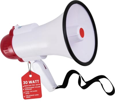Nexvo® Megafoon met Sirene – Luchthoorn Met Schouderriem – Megafoon Auto – Wit - 26cm x 16cm x 16cm