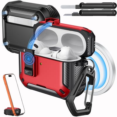 AirPods Pro 3 Hoes met Vergrendeling - Geschikt voor MagSafe, Telefoonstandaard & Auto Pop-up, Militaire Bescherming met Reinigingsset, Rood+Zwart, Duurzame Bescherming voor AirPods Pro 3
