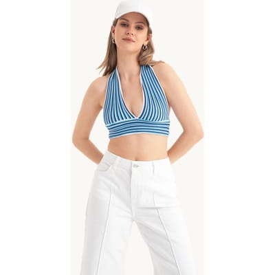 Gestreepte Diepe V-Hals Halter Rugloze Crop Top