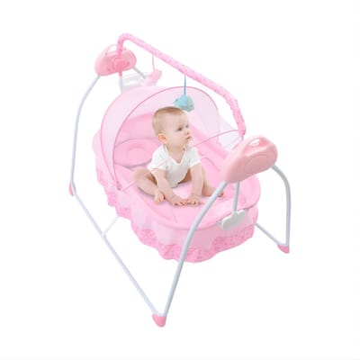 Baby Schommel Wieg – Elektrisch met Afstandsbediening – 5 Snelheden – Verstelbaar – Draagbaar – Voor Baby’s 0–18 Maanden – Roze