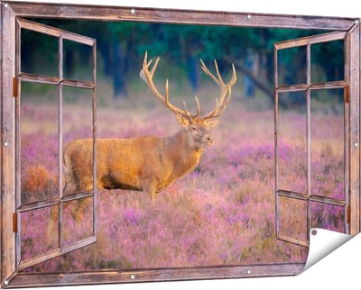 Gards Tuinposter Doorkijk Hert in de Weide tijdens Zonsondergang - 150x100 cm - Tuindoek - Tuindecoratie - Wanddecoratie buiten - Tuinschilderij