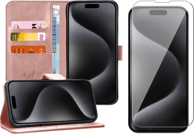 Hoesje geschikt voor iPhone 15 Pro - Screen Protector GlassGuard - Book Case Kunstleer Pasjeshouder Rosegoud & Screenprotector