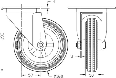 160 mm (6 inch) zwenkwiel met grijze rubberen band, zeer stevig, draagvermogen 270 kg, set van 2