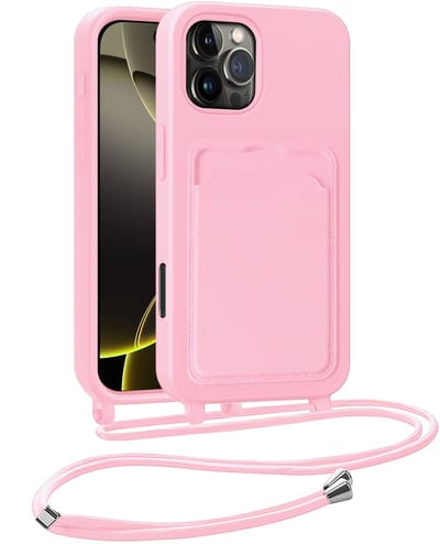 Hoesje Geschikt voor iPhone 16 Pro Telefoonhoesje Met Koord Case Pashouder Siliconen - Hoes Geschikt voor iPhone 16 Pro Hoesje Met Kaarthouder - Lichtroze