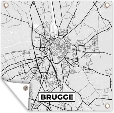 Tuin poster België – Brugge – Stadskaart – Kaart – Zwart Wit – Plattegrond - 200x200 cm - Tuindoek
