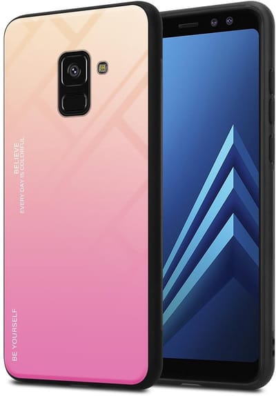 Cadorabo Hoesje geschikt voor Samsung Galaxy A8 2018 in GEEL - ROZE - Tweekleurige beschermhoes van TPU-silicone Case Cover en achterzijde van gehard glas