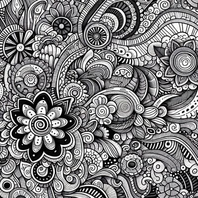 Doodle zwart wit schilderij | Monochrome meesterwerk: zwierige lijnen vormen betoverend zwart-wit patroon | Kunst - 60x60 centimeter op Dibond | Foto op Dibond