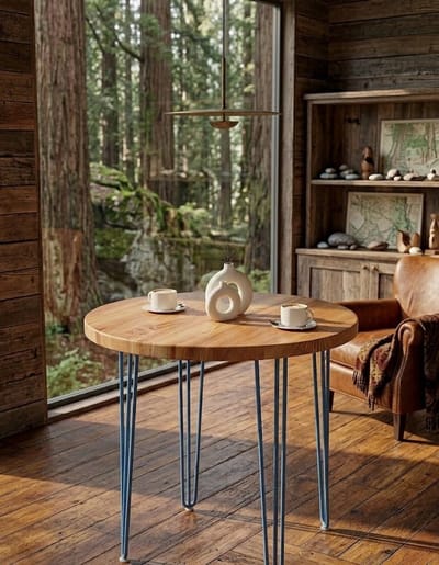 Ronde eettafel 80 cm Donker Hout met blauwe metalen Poten - 4 cm Massief Tafelblad voor 2 personen Merk: Casa Serena – 80 cm – Casa Dorada