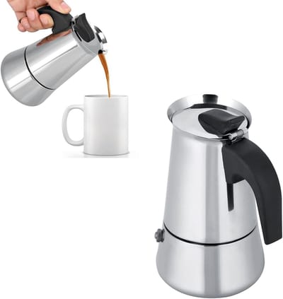 Dailygoods- Moka Koffiezetapparaat - Draagbaar - Roestvrij Staal - Ergonomische Greep - Inhoud 100/200/300/450 ml - Brede Bodem