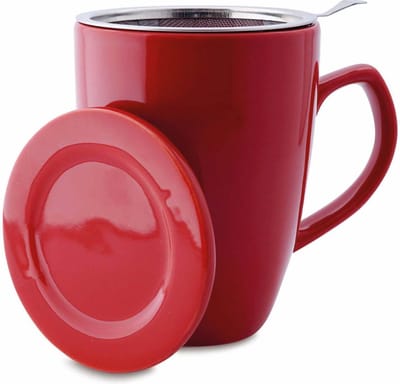Theemok met Theefilter en Deksel - Keramiek - Inclusief RVS Theezeef - 350 ml - Rood