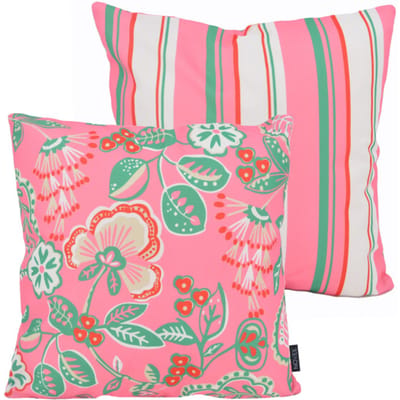 Flower / Stripe Kussenhoes - Roze | Outdoor / Buiten | 45 x 45 cm | Katoen/Polyester