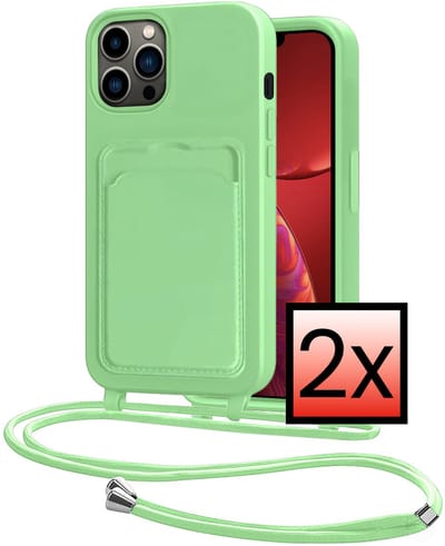 Hoes Geschikt voor iPhone 13 Pro Hoesje Pasjeshouder Cover Met Koord Case Siliconen Hoes Met Telefoonkoord en Kaarthouder - Groen - 2 PACK
