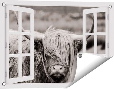 Gards Tuinposter Doorkijk Schotse Hooglander Koe - Zwart Wit - 60x40 cm - Tuindoek - Tuindecoratie - Wanddecoratie buiten - Tuinschilderij