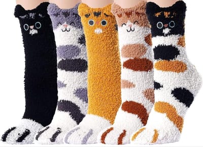Fluffy Sokken Dames - 5 paar - huissokken - leuke print kat met ogen - bruin - zwart - grijs - wit - 36 - 40 - cadeau voor haar - geschenk vrouwen - Kerst cadeau - verjaardagscadeau