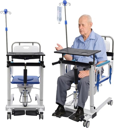 Hydraulische Patientenlifter - Transferstoel Hulpmiddel - Ondersteuning Mobiliteit - Met Eettafelblad - Tot 120 kg - Wit Blauw Zwart