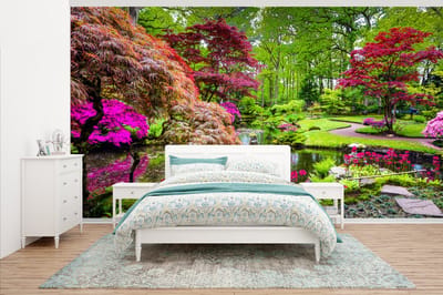 Behang - Fotobehang Bomen - bloemen - Japans - Natuur - Water - Breedte 430 cm x hoogte 240 cm