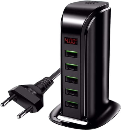 DrPhone SmartC10 USB Laadstation – 5 Poorts USB Oplader – 20W 5V 4A Totale Output – 2.4A per Poort – LED Display – Smart Chip – Staand Laadstation – Zwart