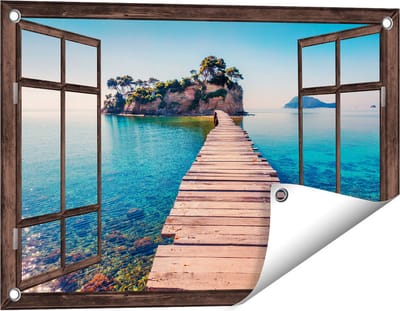 Gards Tuinposter Doorkijk Pad op het Water naar een Grieks Eiland - 60x40 cm - Tuindoek - Tuindecoratie - Wanddecoratie buiten - Tuinschilderij