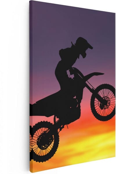 Artaza Canvas Schilderij Motorcross - 20x30 cm - Klein - Muurdecoratie Zon - Wanddecoratie Silhouet - Kamer Accessoires
