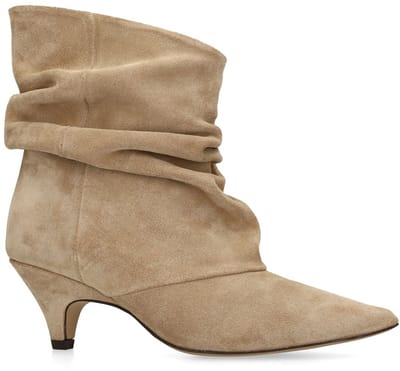 Manfield - Dames - Beige suède slouchy enkellaarsjes met hak - Maat 38