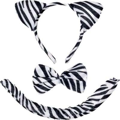 KIMU® Zebra Tijger Haarband Oren, Strik & Staart Diadeem Set - Zwart Wit Gestreept Zebrapak Dierenpak Oortjes Pak - Kinderfeestje Strikje Festival