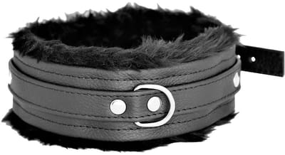 Kiotos Leather - Lederen Collar met Pluizige Binnenkant - Verstelbaar - Zwart