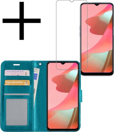 Hoesje - Met Screenprotector - Geschikt voor OPPO A16s - Luxe Pasjeshouder - Bookcase Portemonee - Flip Case - Kunstleer Book Case - Flipcase - Book Cover - Walletcase - Portemonneehoes - Turquoise