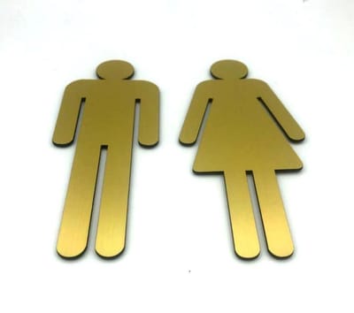 Deurbordje Toilet - WC bordjes - Tekstbord WC - Toilet bordje - WC - Bordje - Man Vrouw Toilet - Heren Dames - Geborsteld Goud Look - Pictogram - Set van 2 - incl. 3M-tape plakstrip - 6,5 cm x 15 cm x 1,6 mm - 5 Jaar Garantie