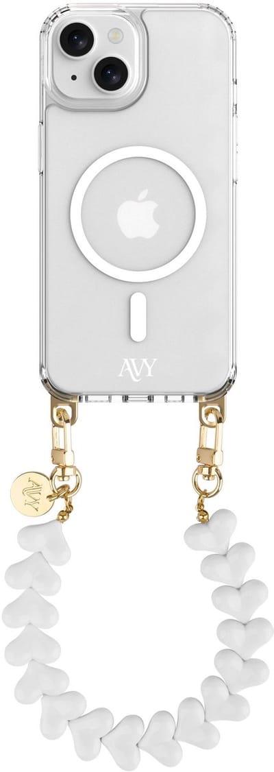 AVY Hoesje geschikt voor Apple iPhone 15 | Compatibel met MagSafe | Clear Case met Telefoonkoord 30CM | Polsband Cupid White