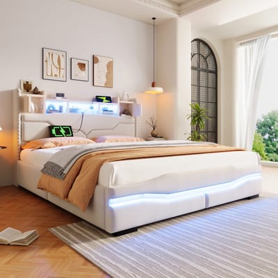 Sweiko Tweepersoonsbed - 160 x 200 cm - USB-aansluiting - LED-verlichting - Opbergruimte - Beige