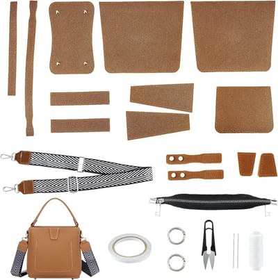 Set van 23 Leren Handtassen voor Creatieve Projecten, Breien, Haken en Naaien met Schouderriem, 79~124 x 3.8 x 0.1cm (Bruin)