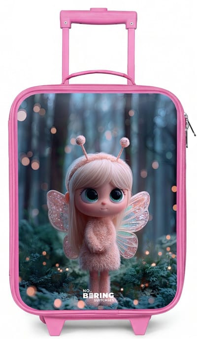 NoBoringSuitcases.com® - Kinderkoffer roze - Kindertrolley meisje - Fairy - Bos - Glitters - Koffer kind lichtgewicht - Reiskoffer trolley voor kinderen - Koffertje met lichtgevende wieltjes - Rolkoffer