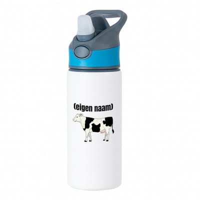 Hacebo® - koe met eigen naam waterfles met rietje blauw - Koe - boeren/koeien liefhebbers - iemand die houdt van koeien - verjaardag - cadeau - kado - geschenk - water fles - 650ML