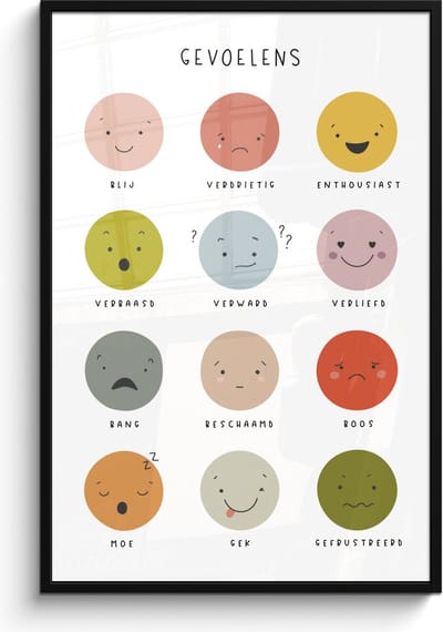 Poster in lijst - Fotolijst 80x120 cm - Posters - Gevoelens - Leren voor kinderen - Educatief - Kleuren - Posterlijst zwart - Kamer decoratie - Wanddecoratie kinderkamer - Muurdecoratie babykamer