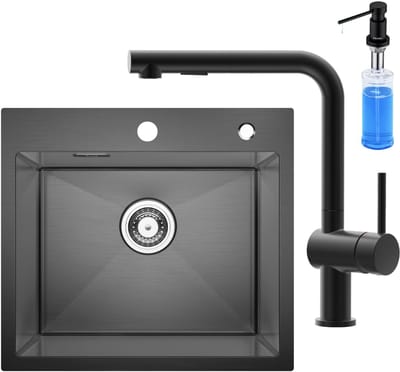 CECIPA max Spoelbak Met Kraangat - 50x45cm Spoelbak Keuken Met L-uitloop Keukenkraan en Zeepdispenser 300ML - Enkele spoelbak - Spoelbakken met afdruip - Spoelbakken Keuken - Antraciet