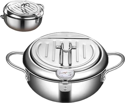 Roestvrijstalen Friteuse - Frituurpan Diep - Knapperig Bakken - Met Precisie Thermometer - 20 cm Diameter - Zilver