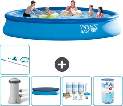 Intex Rond Opblaasbaar Easy Set Zwembad - 457 x 84 cm - Blauw - Inclusief Pomp - Afdekzeil - Onderhoudspakket - Filter - Schoonmaakset - 6-delig