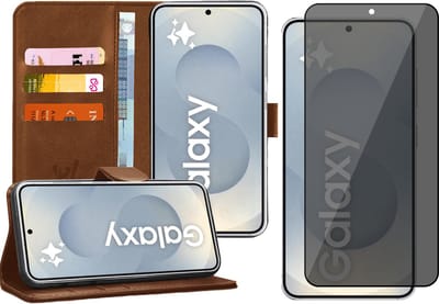 Hoesje geschikt voor Samsung Galaxy S25 - Privacy Screenprotector Volledig Dekkend Glas - Portemonnee Book Case Bruin