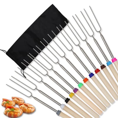 Marshmallowspiesen Uittrekbaar 30-82cm – 12 stuks BBQ Stokken van Roestvrij Staal met Houten Handvat en Draagtas – Kleurrijke Barbecue Prikkers