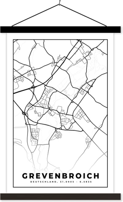 Posterhanger incl. Poster 40x60 cm - Schoolplaat - Grevenbroich - Plattegrond - Kaart - Stadskaart - Textielposter - Zwarte latten - Stadskaart