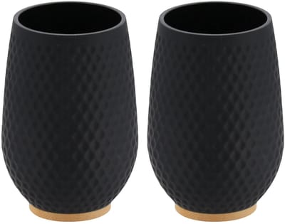 Tendance tandenborstel houder/beker honeycomb - 2x - zwart - 280ml - D8 x H12 cm - rubber/bamboe