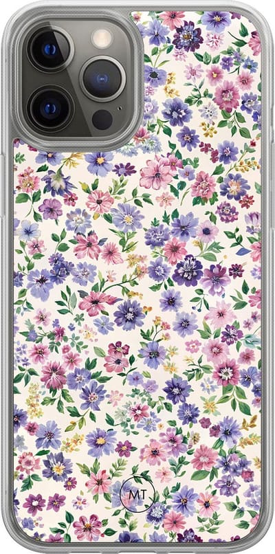Hybride hoesje geschikt voor iPhone 12- Paarse bloemen - Extra bescherming - Luxe beschermhoes - TPU case - Transparant, Paars - Mooie Telefoonhoesjes