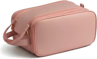 Famanu - Grote make-uptas met borstelvak voor vrouwen, waterdichte make-uptas, draagbare toilettas met handvat, waszak voor reizen, zakenreizen, camping, 3 kleuren, roze, U-vormige opening met dubbele ritssluiting