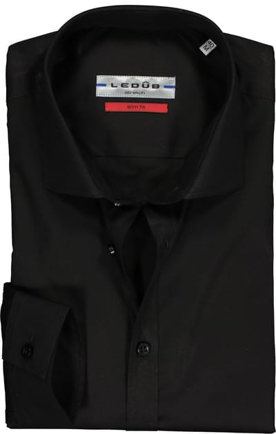 Ledub Stretch Slim Fit overhemd - zwart - Strijkvriendelijk - Boordmaat: 37